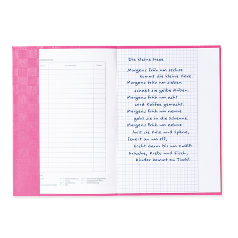 Ein offenes Notizbuch mit handschriftlichem Text über die kleine Hexe, der verschiedene Aktivitäten und Ereignisse beschreibt.