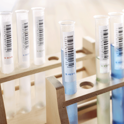Reagenzgläser in einem Holzständer, einige mit klarer Flüssigkeit, andere mit blauen und grünen Flüssigkeiten, alle mit Barcodes versehen.