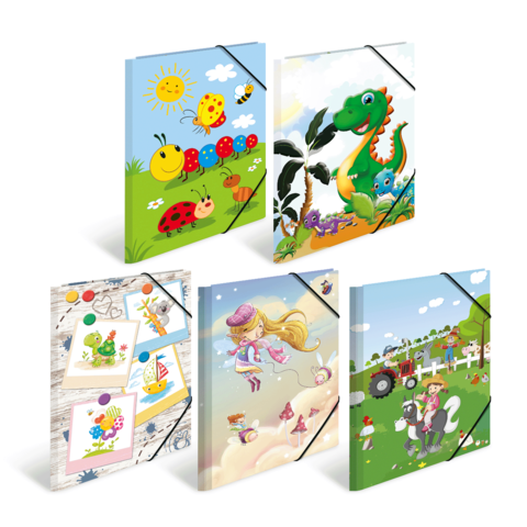 Bunte Sammelmappen mit verschiedenen kindgerechten Motiven, darunter Tiere, Pflanzen und fantasievolle Szenen.