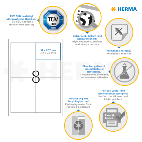 Aufkleberdetails von HERMA: Maße 97 x 67,7 mm, permanent haftend, chlorfrei gebleicht, geeignet für Laser- und Inkjetdrucker.