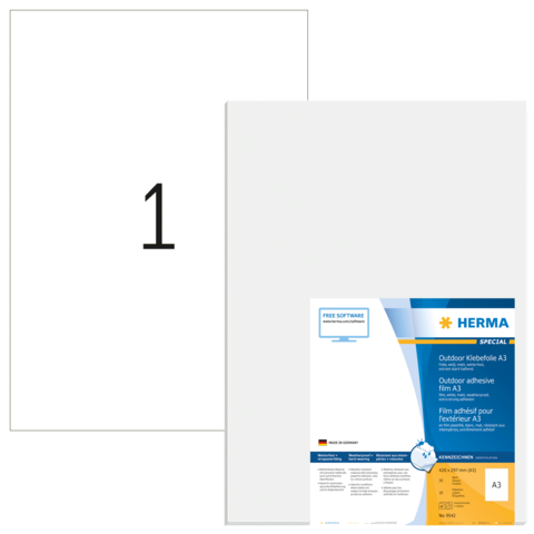Ein A3-Klebeblatt von Herma mit einer Beschreibung für die Verwendung im Freien. Das Blatt ist leer und zeigt die Produktverpackung.