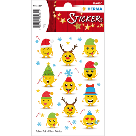 Bunte Weihnachtsaufkleber mit lächelnden Gesichtern, Weihnachtsmützen, Schneeflocken, Weihnachtsbäumen und Rentiermotiven.