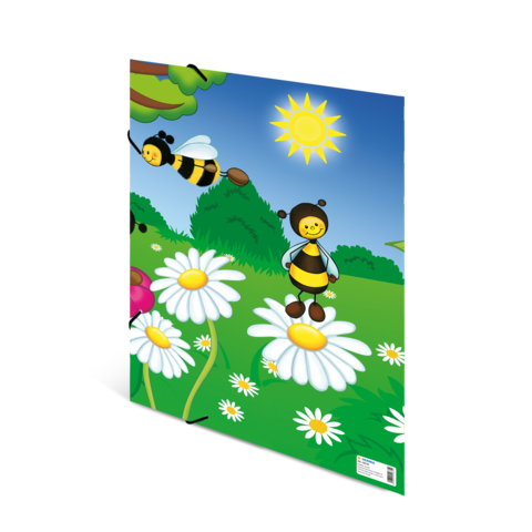 Bunte Illustration mit lächelnden Bienen, die auf weißen Margeriten stehen, umgeben von grüner Landschaft und strahlender Sonne.