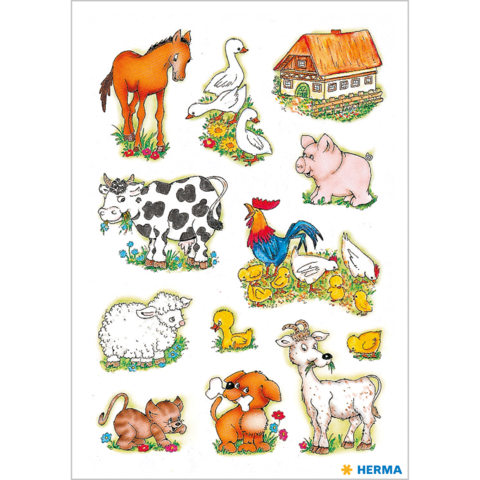 Bunte Illustrationen von Tieren auf einem Bauernhof: Pferd, Gänse, Schwein, Kuh, Huhn, Schaf, Kätzchen, Hund und Zicklein, umgeben von Blumen.