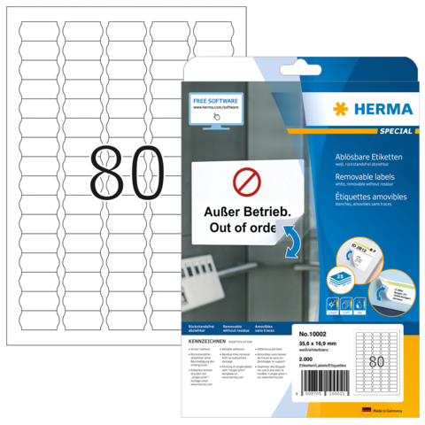 Packung mit ablösbaren Etiketten, Größe 36 x 18 mm, mit der Aufschrift "Außer Betrieb. Out of order" und der Nummer 80.