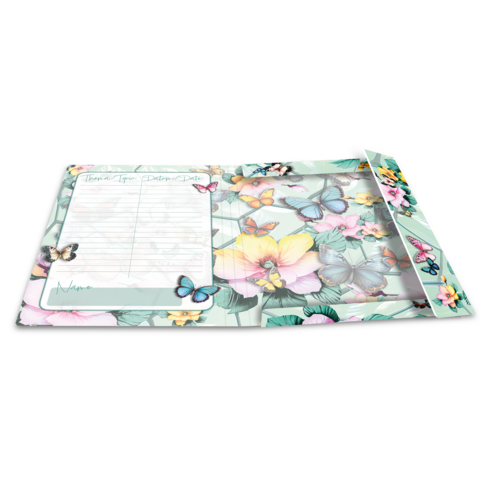 Un carnet ouvert avec des papillons colorés et des motifs de fleurs sur les pages. Une page contient des cases vides pour des notes.