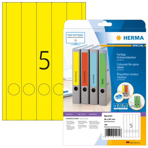 Bunte Ordneretiketten in gelb, rot, grün und blau, verpackt für die Beschriftung von Aktenordnern. Enthält 100 Etiketten.