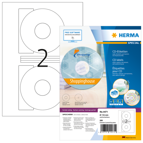 CD-Etiketten von Herma, Packung mit 200 Etiketten, zeigt ein Beispiel für die Etikettenanordnung und Softwarehinweise.