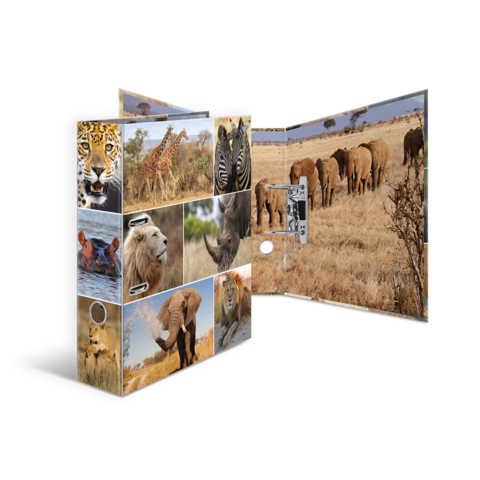 Ein aufklappbares Fotobuch mit Bildern von verschiedenen Wildtieren, darunter Löwen, Elefanten, Giraffen und Jaguare in ihrer natürlichen Umgebung.