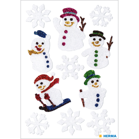 Glitzernde Schneemänner in verschiedenen Posen, einige mit Hüten und Schals, umgeben von Schneeflocken.