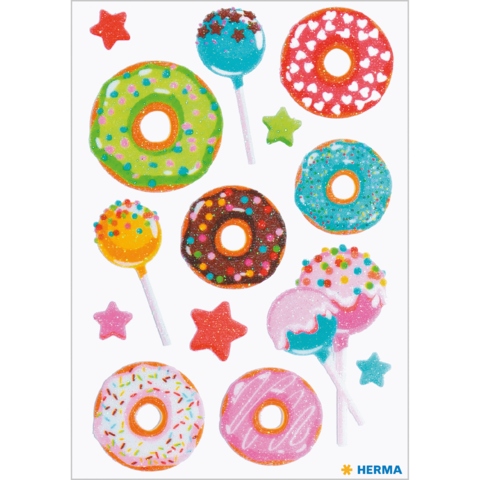 Bunte Aufkleber mit Donuts, Lollis und Sternen in verschiedenen Farben und Designs.