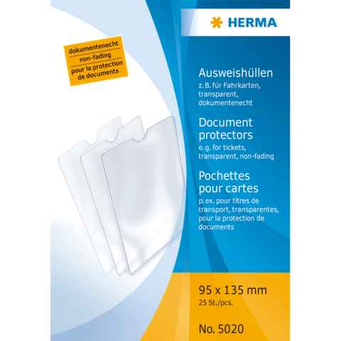 Ausweishüllen von Herma, transparent und dokumentenecht, geeignet für Karten und Tickets, 95 x 135 mm, 25 Stück.