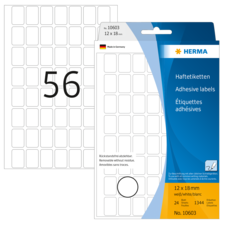 Haftetiketten von Herma, 12 x 18 mm, 24 Stück, mit der Nummer 56 auf einem Etikett. Verpackung zeigt Produktdetails und Anwendungshinweise.