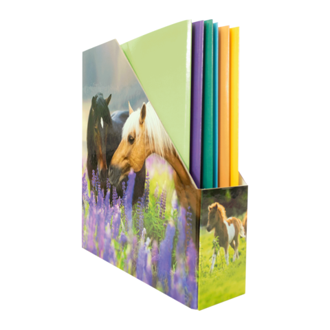 Ordner mit bunten Trennblättern, verziert mit einem Bild von zwei Pferden, die in lila Blumen stehen.