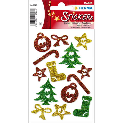 Glitzernde Weihnachtsaufkleber in verschiedenen Formen, darunter Tannenbäume, Sterne, Geschenkbänder und Weihnachtsmann-Motive.