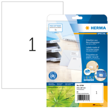 Etikettenpackung aus Recyclingpapier mit der Aufschrift "HERMA SPECIAL" und Informationen zu den Etiketten.
