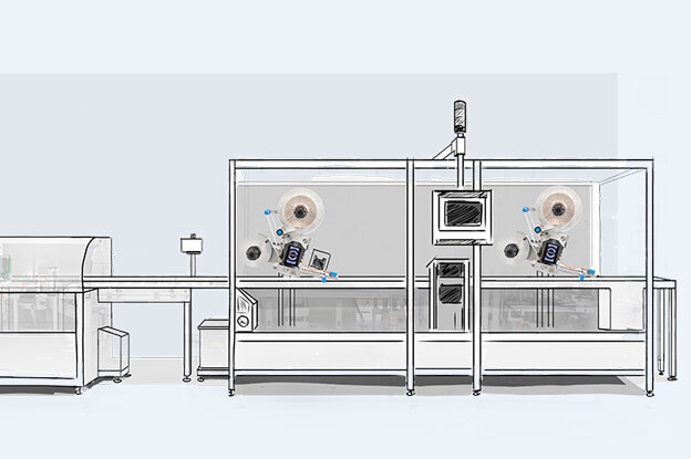 Une machine industrielle composée de plusieurs éléments, y compris des unités de contrôle et des stations de travail, dans un design moderne.