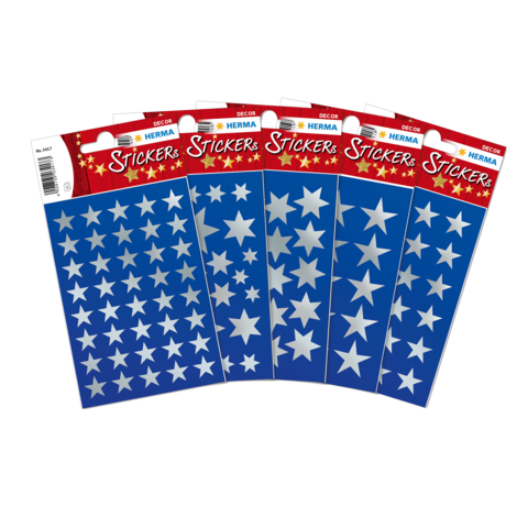 Blaue Aufkleber mit weißen Sternen, in mehreren Bögen angeordnet, für Dekorationszwecke.