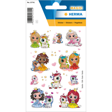 Bunte Aufkleber mit Prinzessinnen, Einhörnern und Tieren, die in verschiedenen Posen und Farben dargestellt sind.