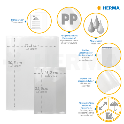 Chemises en polypropylène transparentes disponibles en deux tailles, lavables, robustes et résistantes à la déchirure, avec des informations sur les dimensions et les caractéristiques.
