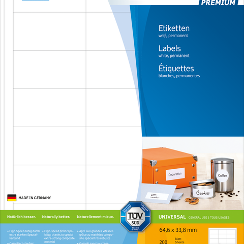 Etikettenblatt von Herma mit weißen, permanenten Etiketten. Enthält Informationen zu Größe, Anzahl und Softwareangebot.