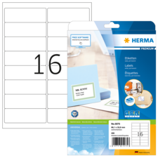 Etikettenpackung mit 16 beschriftbaren Labels, inklusive Beispielkarten und Hinweis auf kostenlose Software zur Gestaltung.