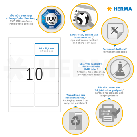 Etiketten von HERMA, 96 x 50,8 mm, mit permanentem Haftkleber, chlorfrei gebleicht, für Laser- und Inkjetdrucker geeignet.