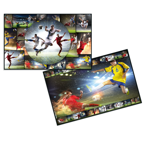 Eine Collage von Fußballspielern in verschiedenen Aktionen, darunter Schüsse, Dribblings und Tore, vor einem sportlichen Hintergrund.