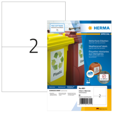 Wetterfeste Etiketten von Herma mit Abbildungen von Mülltonnen für Plastik und Glas. Verpackung zeigt Produktdetails und Anwendungshinweise.
