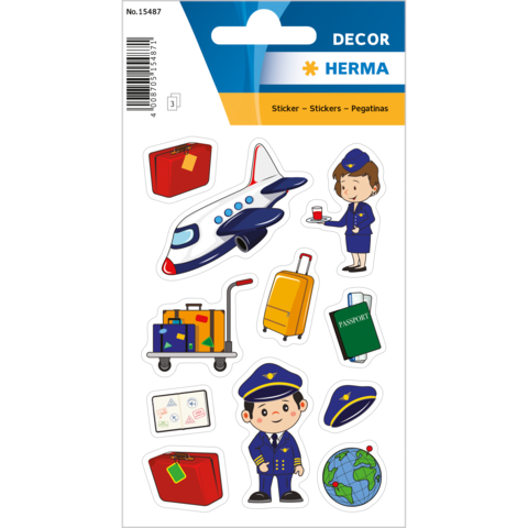 Aufkleber-Set mit einem Flugzeug, einer Stewardess, Gepäck, einem Reisepass und einer Weltkugel, ideal für Reise-Themen.