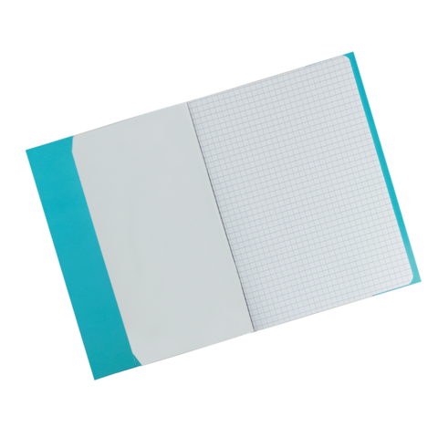 Ein offenes Heft mit kariertem Papier und einer blauen Umschlagseite. Die linke Seite ist leer und unbeschrieben.