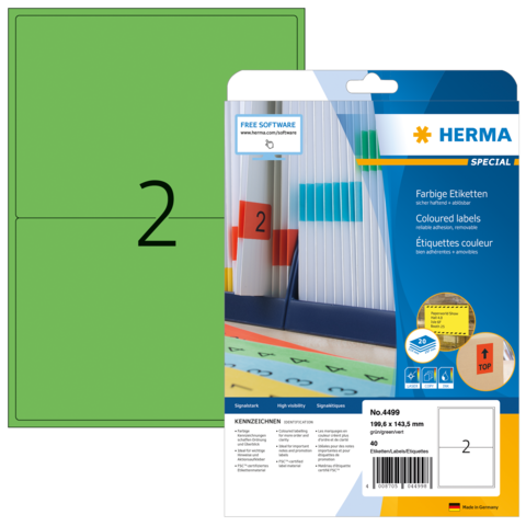 Grüne Etikettenpackung mit der Aufschrift "2" und Informationen zu farbigen Etiketten von Herma. Enthält Software-Hinweis.