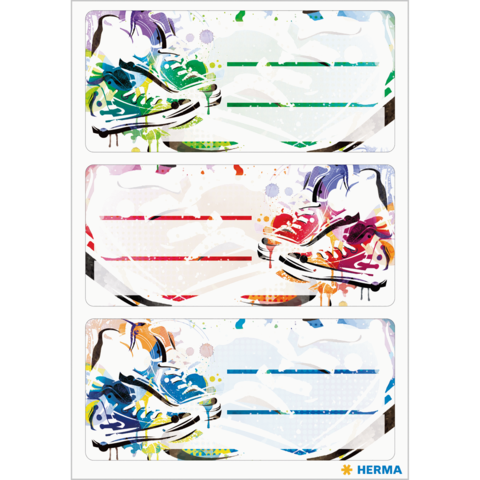 Bunte Aufkleber mit grafischen Darstellungen von Turnschuhen und Platz für Beschriftungen. Drei Designs in verschiedenen Farben.