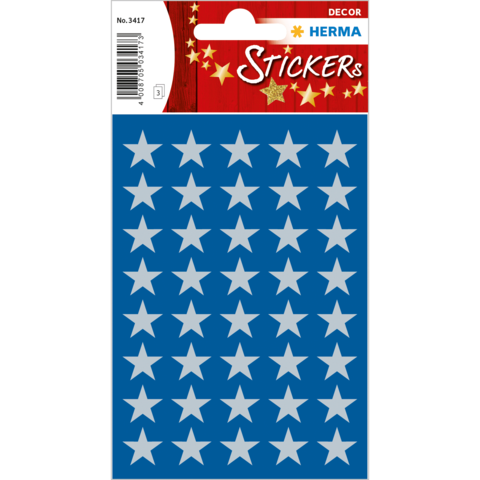 Blauer Stickerbogen mit 48 grauen Sternen auf einem dekorativen Hintergrund.