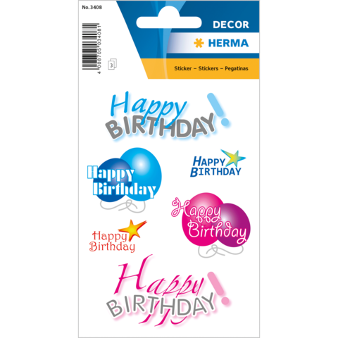Geburtstagsaufkleber in verschiedenen Farben und Schriftarten, mit der Aufschrift "Happy Birthday" und dekorativen Elementen wie Sternen und Luftballons.