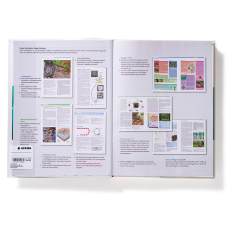 Offene Buchseiten mit Texten und Abbildungen zu verschiedenen Themen, darunter Natur und Wissenschaft. Grafiken und Diagramme sind ebenfalls sichtbar.