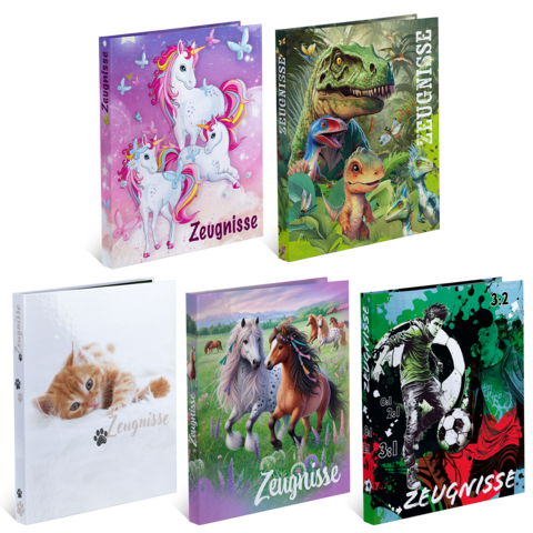 Cinq classeurs différents intitulés "Témoignages", ornés de motifs de licornes, de dinosaures, d'animaux et de sport.