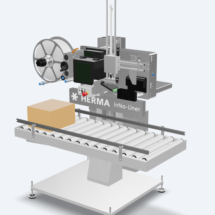 Machine d'étiquetage automatique avec convoyeur, équipée d'un distributeur d'étiquettes et d'une unité de contrôle.