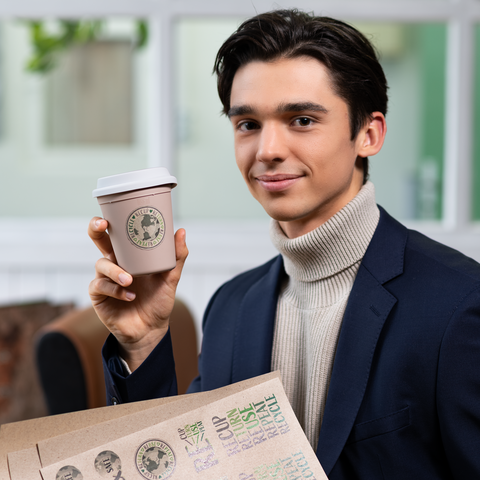 Un jeune homme en tenue élégante tient une tasse de café et sourit. Sur la table, il y a un emballage écologique.