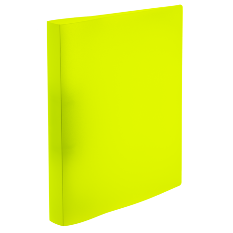 Ein leuchtend gelbes, geschlossenes Ringbuch mit abgerundeten Ecken, das aufrecht steht.