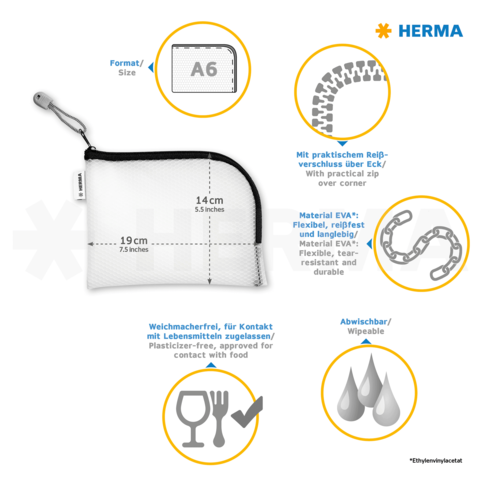 A6 Format Tasche mit Reißverschluss, aus flexiblem und langlebigem EVA-Material, abwaschbar und lebensmittelecht.