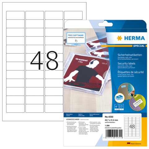 Sicherheitsetiketten auf einem Bogen mit 48 Etiketten, verpackt in einer transparenten Hülle von HERMA.