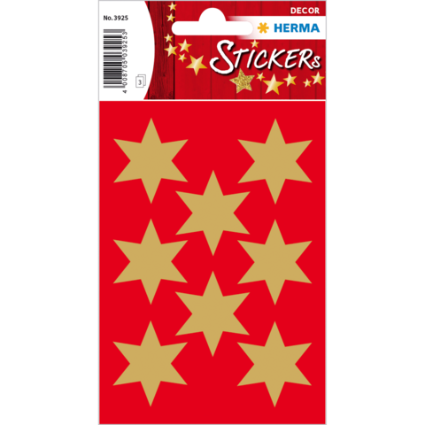 Rote Stickerkarte mit neun goldenen Sternen in verschiedenen Größen. Ideal für Dekoration oder Bastelprojekte.