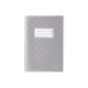 Ein graues Notizbuch mit einem weißen Aufkleber, der Platz für eine Beschriftung bietet.
