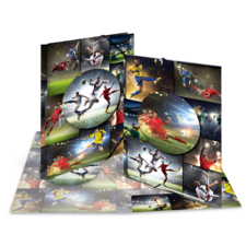 Mehrere Fußballspieler in Aktion, die Tore schießen und den Ball spielen, dargestellt in einem kreativen, collageartigen Layout.