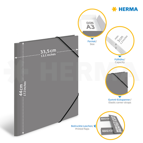 Dossier A3 gris avec coins élastiques, hauteur de remplissage de 3 cm et étiquettes imprimées, présenté par HERMA.