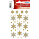 Goldene Sterne und Schneeflocken Aufkleber auf einem Bogen, dekorativ gestaltet für verschiedene Bastelprojekte.