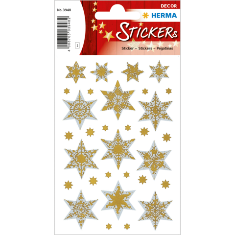 Goldene Sterne und Schneeflocken Aufkleber auf einem Bogen, dekorativ gestaltet für verschiedene Bastelprojekte.