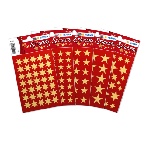 Rote Aufkleber mit goldenen Sternen in verschiedenen Größen, verpackt in fünf Bögen. Ideal für Bastelprojekte oder Belohnungen.