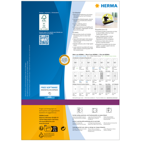 Anleitung zur Verwendung von CD-Etiketten von HERMA, einschließlich QR-Code und Informationen zur kostenlosen Software.